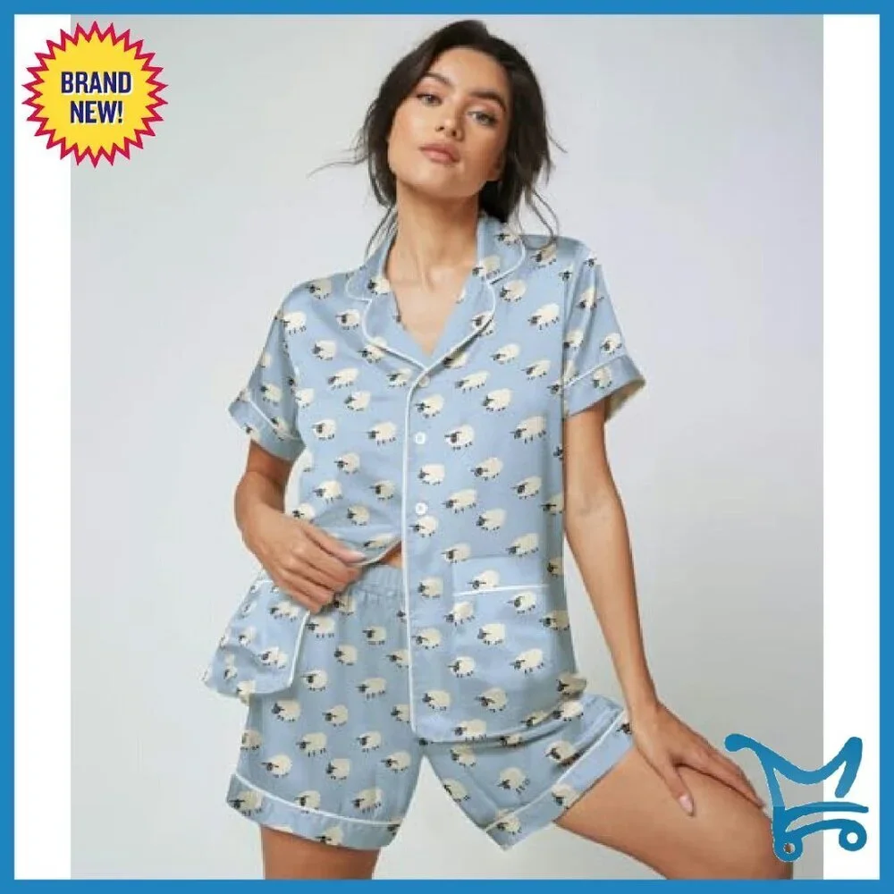 Women's Silk Satin Pajama Set Short Sleeve Button Down 2 Piece PJs Cozy